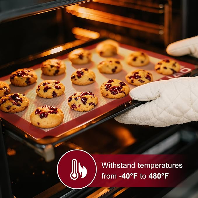LILIAO Silicone Baking Mat, 3-Pack Non-Stick Reusable Baking Mat, Oven Baking Sheet for Making Cookies, Macaroons, Bread and Pastry (Red)