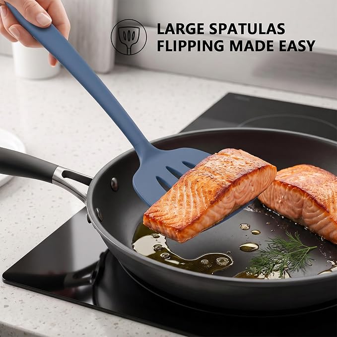Coukre 3 Pack Silicone Spatula Set, High Heat Resistant, BPA-Free, Fish Spatula, Solid & Slotted Turner for Non-Stick Pans, Flipping Eggs, Pancakes, Fish, Burgers (3, PureDarkBlue)