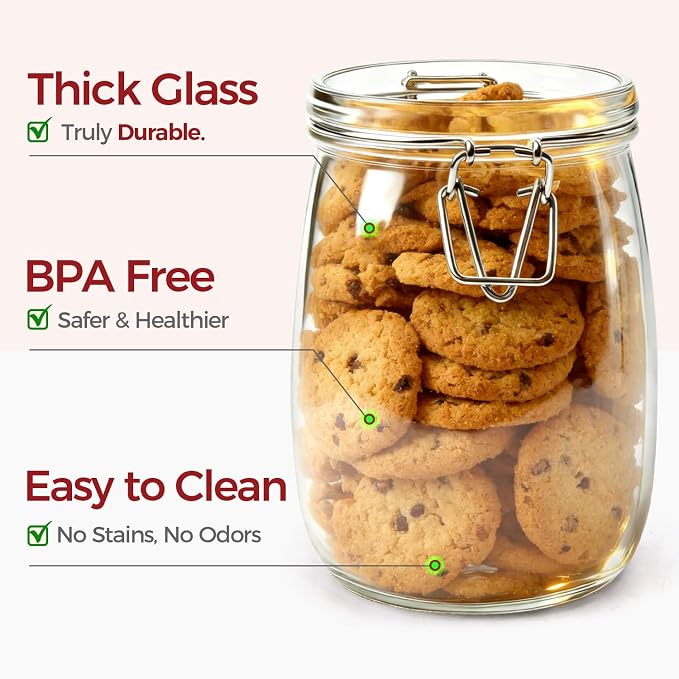 Glass Jars with Airtight Lids 34 oz 6 Pack Food Storage Pantry Round | Leak Proof,BPA-Free,Cereal Flour Sugar Rice Cookies Candy Nuts Snacks Dry Goods Storage, Pantry Organization, Pickling