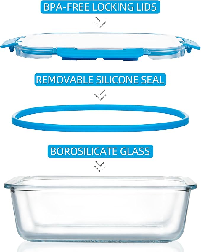 12 Pack Glass Meal Prep Containers with Airtight Lids, Leak-Proof Food Storage Containers, Dishwasher/Microwave/Oven/Freezer Safe Glass Containers for Lunch, Leftovers, to Go (Blue)