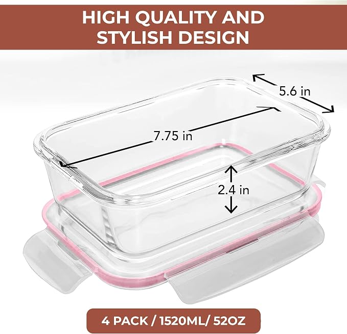 Razab 6.5 Cups / 52 Oz 4 Piece (2 Containers + 2 Lids) Glass Food Storage Containers Set with Airtight Locking Lids - For Storing, Baking & Serving BPA Free, Leakproof - Microwave, Freezer & Oven Safe