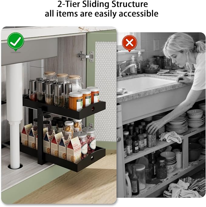 2 Pack Bamboo Under Sink Organizer, 2-Tier Pull-Out Drawers, Kitchen & Bath | Pull-out drawers keep cleaners and tall bottles visible, organized and easy to reach in kitchen or bathroom cabinets