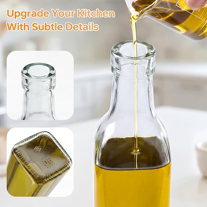 4 Pack 17 oz (500ml) Clear Glass Oil & Vinegar Dispenser Bottles, Leakproof Set with 4 Pour Spouts & 4 Labels, Kitchen Tools for Salad, BBQ, Air Fryer Cooking