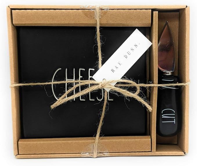 Rae Dunn by Magenta"CHEESE""CUT" in large letters LL Cheese cutting board and Cheese Knife Set in Gift Box (BLACK with WHITE Lettering)
