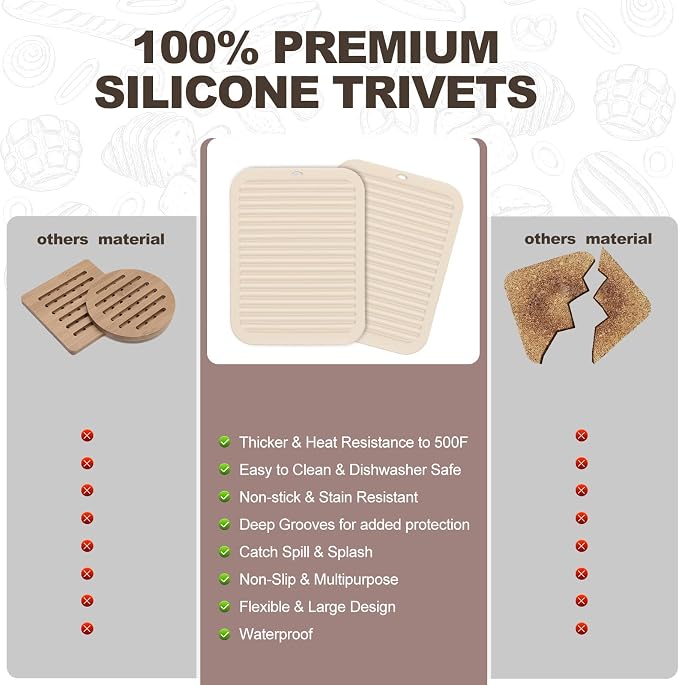 2 Pack Square Trivets for Hot Dishes | 9*12in Silicone Hot Pads for Kitchen,Hot Pots and Pans, Protect Table, Countertops, Heat Resistance to 480°F,Khaki