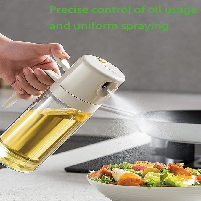 Olive Oil Sprayer 2 in 1 Olive Oil Dispenser 550ml / 19.4Oz Oil Bottle with Fine Mist Nozzle - Oil Sprayer for Cooking, Kitchen, Salad, Barbecue Warm Gray