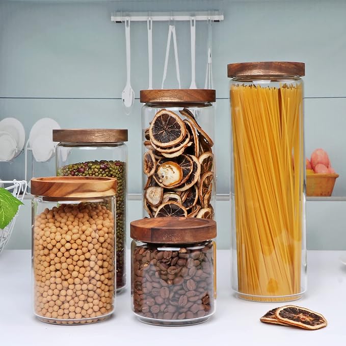 Flrolove Glass Canisters With Wooden Lids, Kitchen Jars for Storage 5 Pack | Glass Food Storage Containers with Lids, Cereal Containers Storage Canisters for Coffee, Cookie, Pasta, Rice, Tea, Sugar