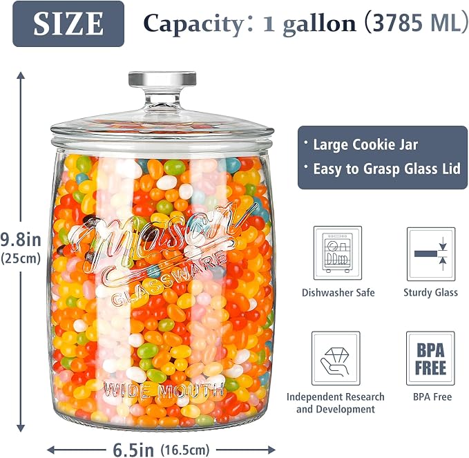 Folinstall 1 Gallon Glass Cookie Jar with Airtight Lid, Wide Mouth Canister | Silicone Seal Keeps Food Fresh, Large Capacity Holds 5 Lb Flour, Wide Mouth for Easy Access to Sourdough Starter, Dog Treat