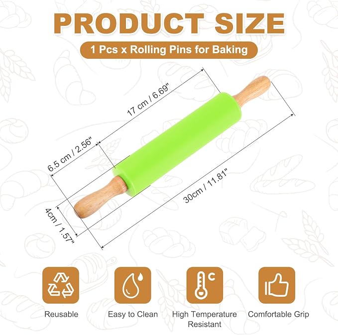 uxcell Rolling Pins for Baking, 12 Inch Silicone Non-Stick Rolling Pin Baking Roller Wooden Handle for Home Kitchen Dough Cookies Pastry, Grass Green