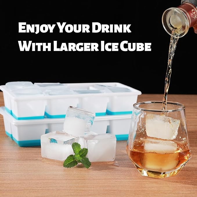 Large Ice Cube Trays with Lid, Jrisbo 2 Pack Stackable Silicone Ice Cube Molds for Freezer, Easy Release 16 Big Square Ice Trays for Whisky Cocktails (4 Blue)