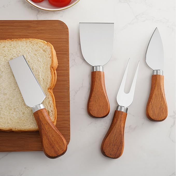 YUANQIAN Cheese Knife Set with Acacia Wood Handles - Cheese Knife, Spreader, Fork, Slicer - Mini Stainless Steel Cheese Tools for Charcuterie Boards (4Pcs/Set, S)