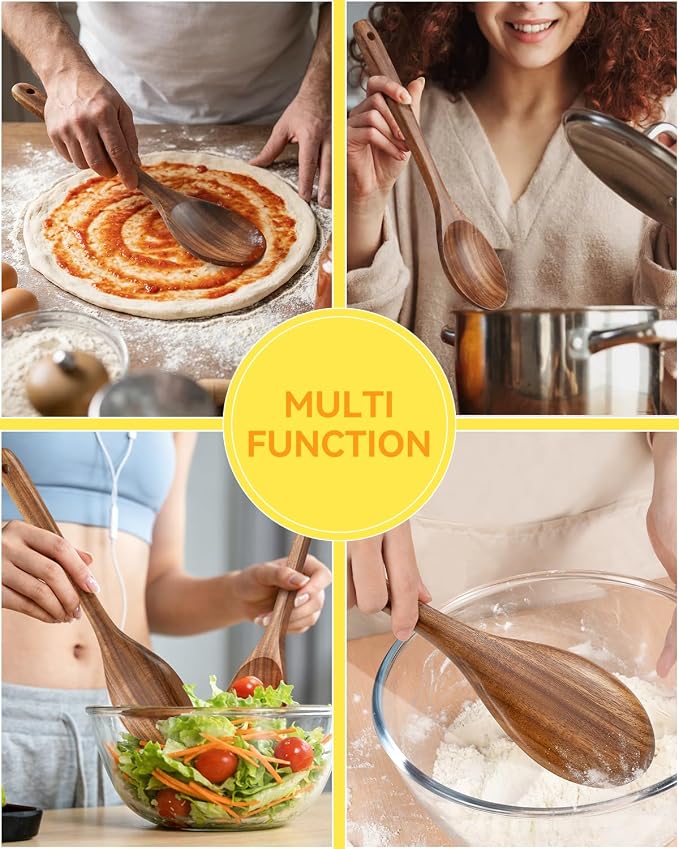 Wooden Cooking Spoons, 2 PCS Large Wooden Spoons for Cooking, Natural Teak Wood Spoons for Stirring Tasting Baking, Good Grip Heat Resistant Durable Wooden Kitchen Utensils