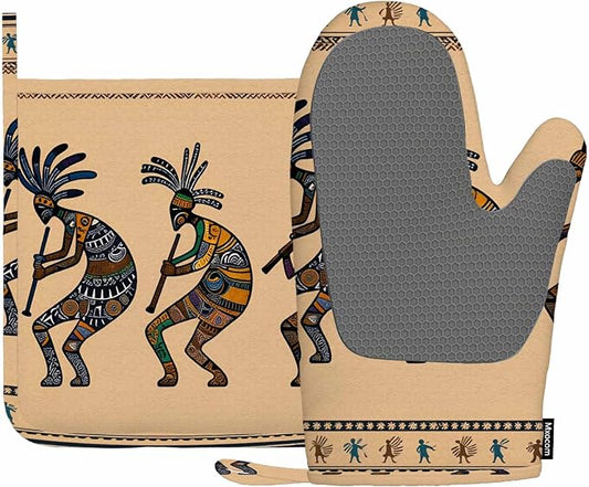 Mxocom Kokopelli Oven Mitt and Pot Holder with Silicone Stylized Mythical Characters Playing Flutes Heat Resistant Kitchen for Cooking BBQ Baking Grilling Spring/Summer