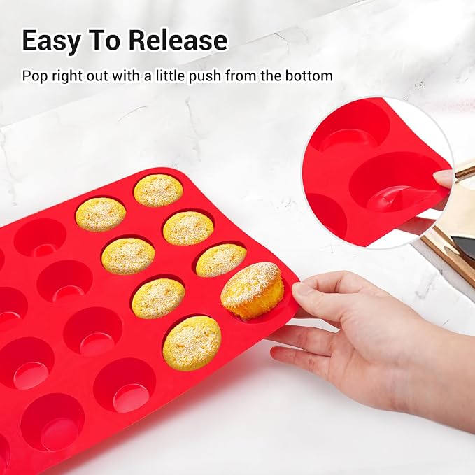 Redfly 2 Pack Silicone Mini Muffin Pan & Cupcake Pans for Baking - 24 Cup Mini Size BPA Free Egg Bites Molds