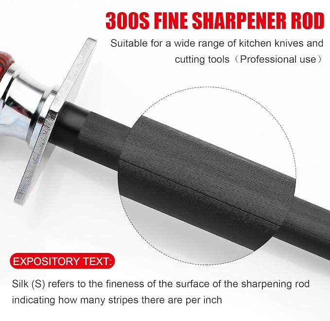 Azhou 12" Professional Knife Sharpener Steel Rod - German Carbon Steel (HRC 66±1), Fine 300 Grit for Kitchen & Chef Knives, Easy to Use with Non-Slip Wooden Handle & Gift Box