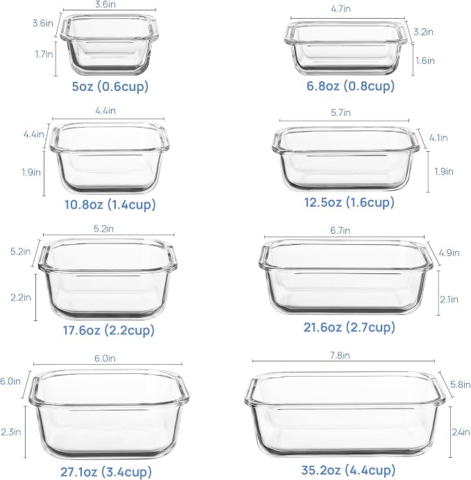 Vtopmart 8 Pack Glass Food Storage Containers with Airtight Lids | Meal Prep Lunch Containers, Leakproof, Leftover Storage, Take-out, Microwave, Oven, Freezer and Dishwasher Safe, BPA Free