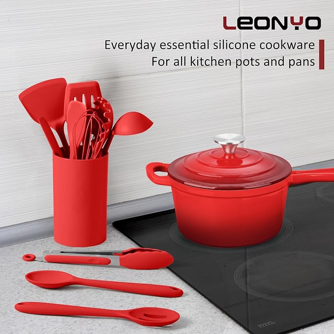 Silicone Cooking Utensils Set of 10, Kitchen Utensils Set for Cooking, 446°F Heat Resistant Silicone Kitchen Tools with Turner Spatula, Soup Ladle, Serving Spoons, Tongs for Nonstick Cookware - Red