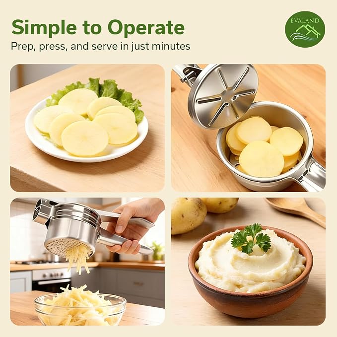 EVALAND Stainless Steel Potato Ricer and Masher - With 3 Interchangeable Disks, 15oz Heady Duty Ergonomic Potato Ricer For Mashed Potatoes Tool, Mash Potatoes Masher, Dishwasher Safe Spaetzle Maker