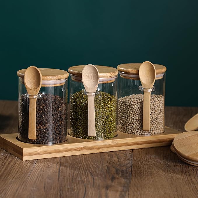 Glass Spice Storage Container with Spoon, 3PCS 20oz Airtight Sealed Condiment Jar with Tray, Kitchen Pantry Seasoning Canister Set for Salt Coffee Sugar Tea & Bathroom Cotton Swab Ball