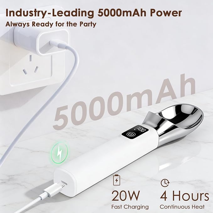 Electric Heated Ice Cream Scoop with Stand, 5000mAh Rechargeable Ice Cream Scooper for Hard Frozen Desserts, 158℉ Fast Melting & Smart LED Display, IP67 Waterproof Anti-Freeze Spoon, Perfect Gift