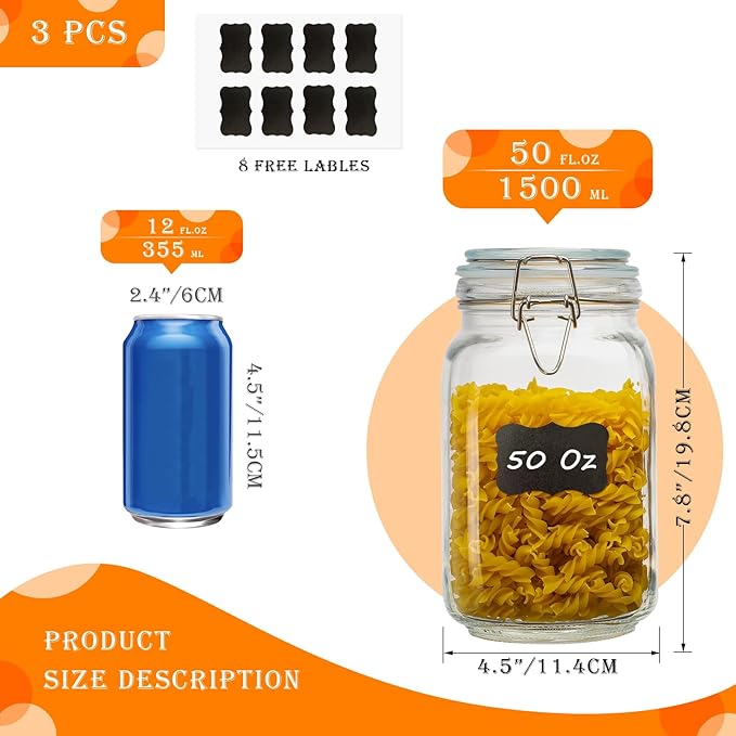 50oz Square Glass Food Storage Jars with Airtight Clamp Lids 3 Pack | Glass Storage Containers for Flour, Sugar, Rice, Coffee, Cereal, Sourdough Pickling and Canning, Mason Jar，Kitchen Canisters