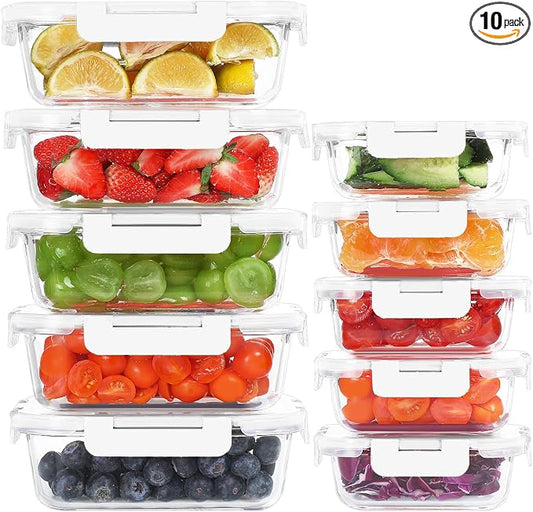 10 Pack Glass Food Storage Containers with Lids, White | Meal Prep Containers Set, Airtight Glass Lunch Boxes, BPA-Free, Freezer, Oven, and Microwave Safe