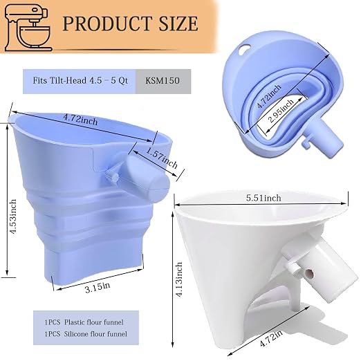 2Pcs Flour Funnel for Kitchen Aid Mixer, Plastic & Silicone Flour Funnel, Stand Mixer Attachment for 4.5–5 Qt Tilt-Head Models(KSM150), Flour & Egg Liquid are Easy to Pour, Dishwasher Safe