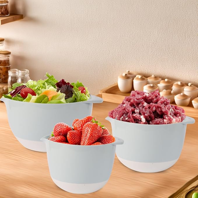 3 Small Plastic Mixing Bowls with Lids,Pour Spout,TPR Base,Mixing Bowl Set | Deep Nesting Small Batter Bowl for Serving,Prep,Baking,Non Slip,Dishwasher Safe,Easy to Grip/Spout,Pale Blue