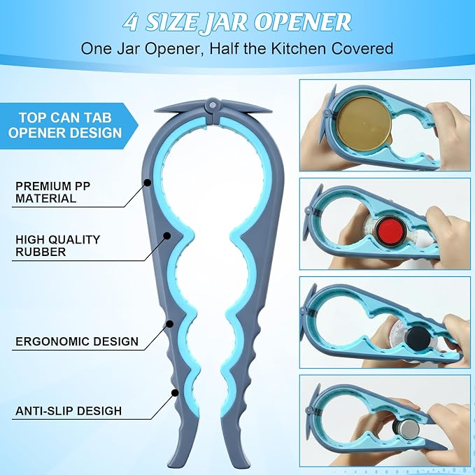 Jar Opener for Weak Hands, Seniors with Arthritis, 2 Pcs 5 in 1 Multi Function Bottle Opener Lid Openers For Arthritic Hands with 4 Pcs Rubber Jar Openers Bottle Gripper Non Slip Pad