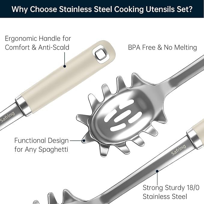 Safring Stainless Steel Soup Ladle and Spaghetti Spoon Set, Heat Resistant Rubber Handle, Dishwasher Safe, Kitchen Utensils for Cooking, Stirring, Serving Pasta, Soup & Sauce (Beige)