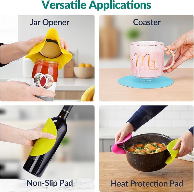 NiHome Silicone Jar Opener Gripper Pads, 6 In for Seniors, Fluorescent, 4PC | Textured Back Pattern For Superior Grip, Food-Grade Silicone, Heat-Resistant Multi-Use Kitchen Pad For Jars, Pots, Spoons