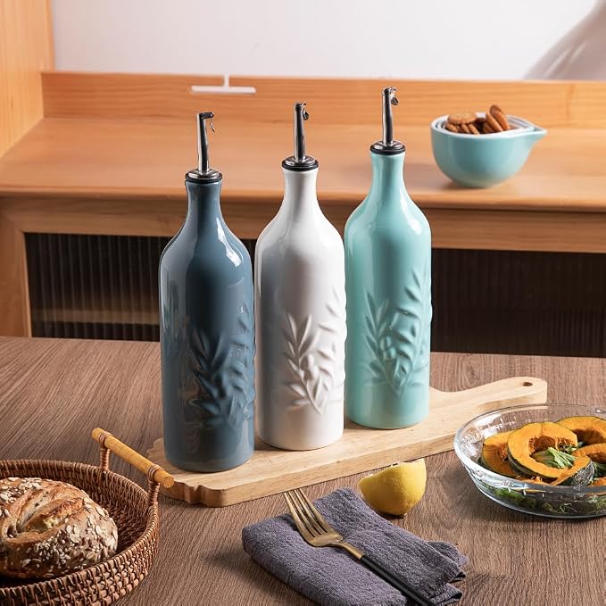 Sweejar Large Ceramic Olive Oil Dispenser Bottle, 24 Oz Relief Opaque Oil Cruet Protects To Reduce Oxidation, Storage Vinegar, Soy Sauce, Coffee Syrup, Liquids, Set of 1 (Gradient Blue)