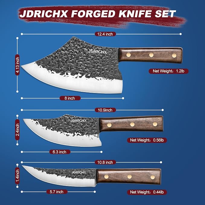 3-Piece Hand Forged Butcher Knife Set with High Carbon Steel | Includes Meat Cleaver and Boning Knife with Full Tang Design for BBQ and Meat Preparation