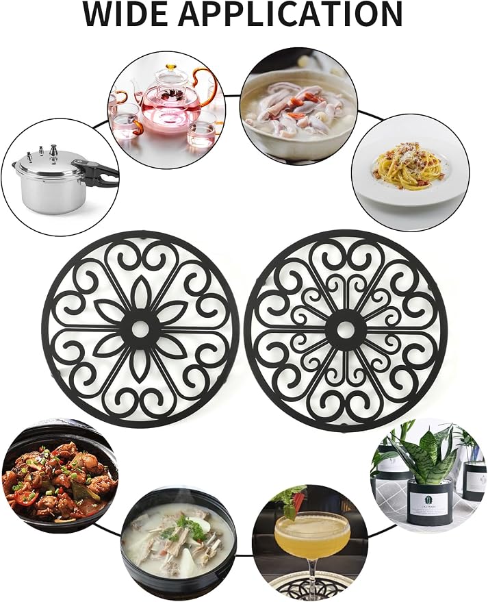 2 Pack Decorative Round Flower Trivets - 7 Inch Iron Pot Pads, Black Elegant Kitchen and Dining Table Protector, Teapot Stands Holders, Metal Plant Holder for Desktop Potted Plant、Small Green Plants