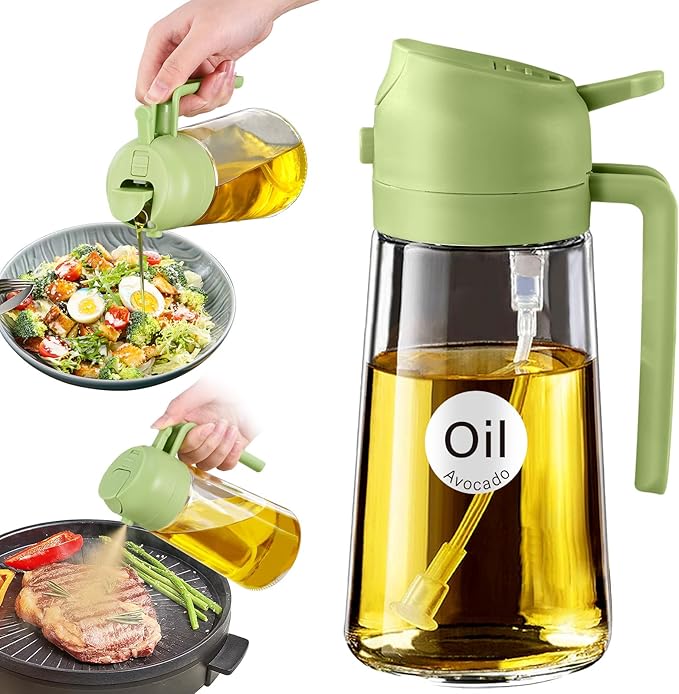 YARRAMATE 16oz/470ml Glass Olive Oil Sprayer for Cooking with Stickers, 2 in 1 Oil Dispenser for Kitchen Gadgets, Food Grade Premium Spray Bottle with Portion Control for Salad, Frying, BBQ (Green) | Food-grade dispenser bottle, 470 ml, spray and pour,...