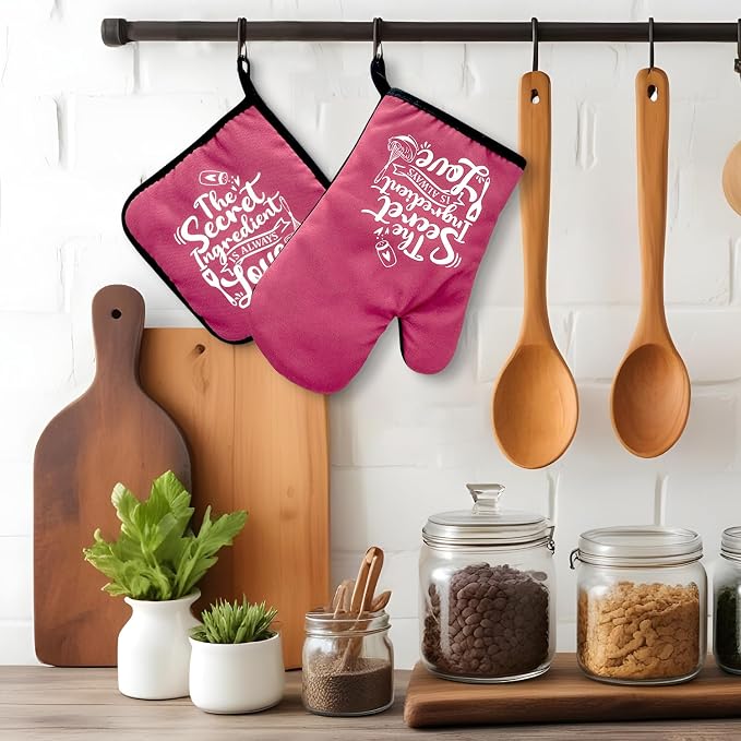 The Secret Ingredient is Always Love, Funny Oven Mitts and Pot Holders, Silicone Non-Slip Oven Mitts,Kitchen Gift for Women, Bake Lover Gift, Housewarming Gift Ideas