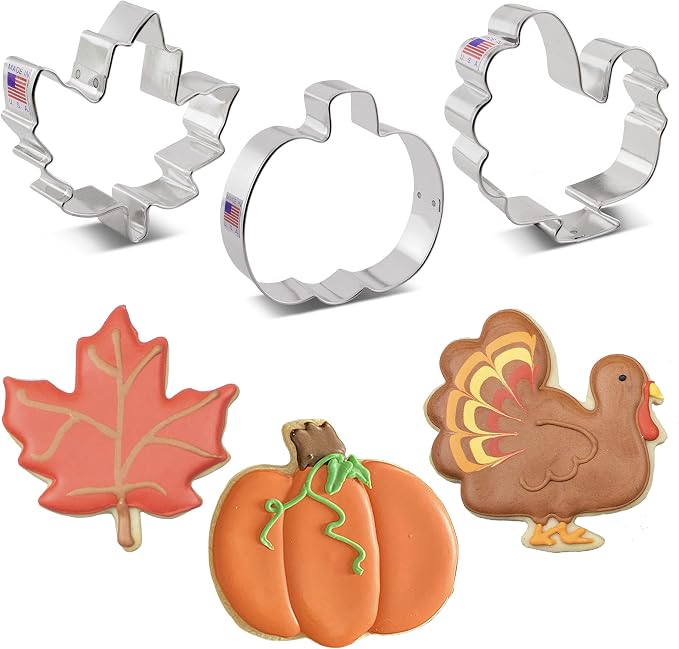 Ann Clark Thanksgiving and Fall Holiday Cookie Cutters 3-Pc. Set (Maple Leaf, Turkey, Pumpkin) Made in USA