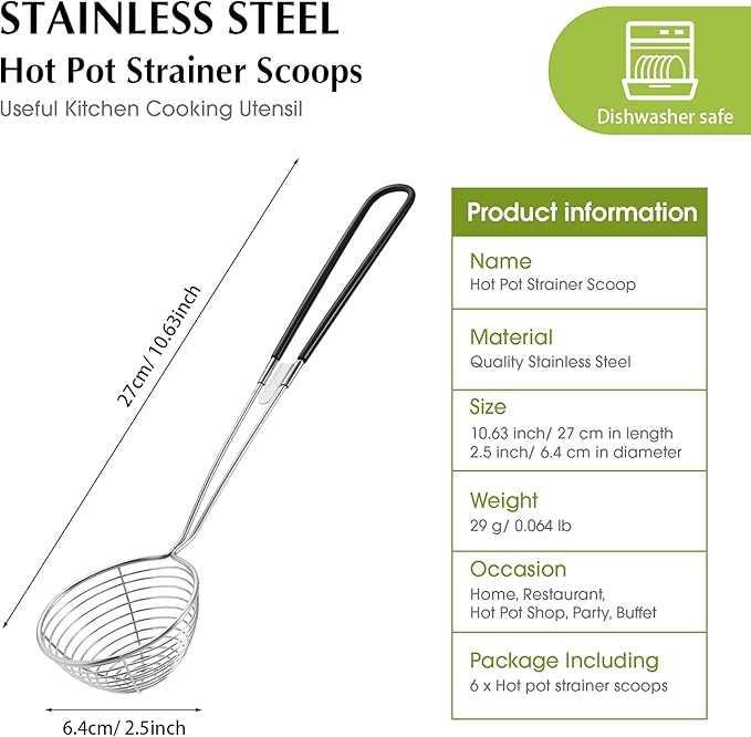Geiserailie 6 Pieces Hot Pot Kit Strainer Scoops Stainless Steel 2.5 Inch Mini Spider Strainer Skimmer Pasta Mesh Spoon Asian Skimmer Spoon Ladle with Handle for Home (Black)