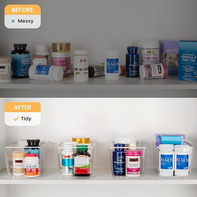 YIHONG 4 Pack Clear Storage Bins, Pantry Organizer Bins with Handle, Small | Plastic Bins, Pantry Storage Containers for Kitchen, Freezer, Cabinet, Closet, Bathroom, Under Sink Organizers and Storage