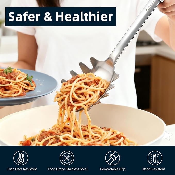 Safring Stainless Steel Soup Ladle and Spaghetti Spoon Set, Heat Resistant Rubber Handle, Dishwasher Safe, Kitchen Utensils for Cooking, Stirring, Serving Pasta, Soup & Sauce (black)
