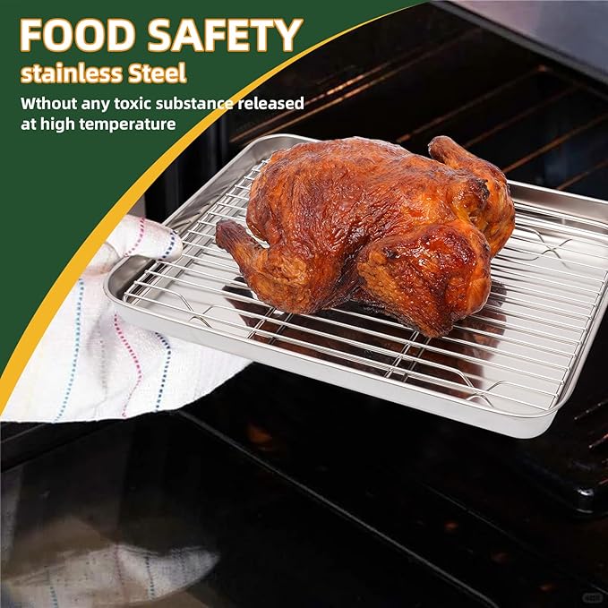 4 PCS Stainless Steel Baking Sheet Set 10/12/16 Inch with Cooling Rack | Heavy Duty Rust Resistant Baking Pans Set, Mirror Finish, Easy Clean, Dishwasher Safe for Oven Baking Roasting