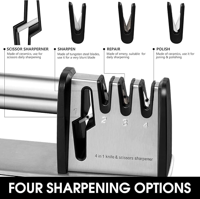 JCHOPE Knife Sharpeners, 4 in 1 Kitchen Blade and Scissors Sharpening Tool, Powerful Professional Chef's Kitchen Knife Accessories, Manual Knife Sharpener Kitchen (Silver), middle
