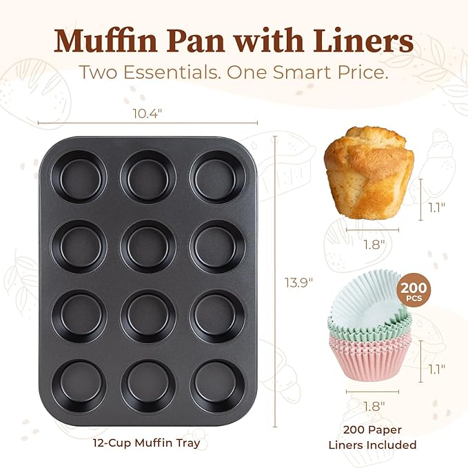 CARTMAN 12-Cup Muffin Pan & 200 Liners, Nonstick Carbon Steel Cupcake Tin | Includes 200 liners, durable carbon steel, nonstick release, for cupcakes, muffins, egg bites, brownies, oven safe 450°F