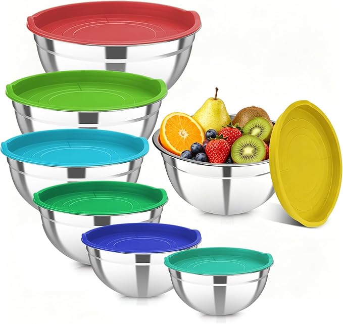 Stainless Steel Mixing Bowls with Color Lids, 7-Piece Set | Includes 7 bowls (0.7-4.5 QT) with colorful lids, stackable stainless steel mixing bowls for baking, serving and storage