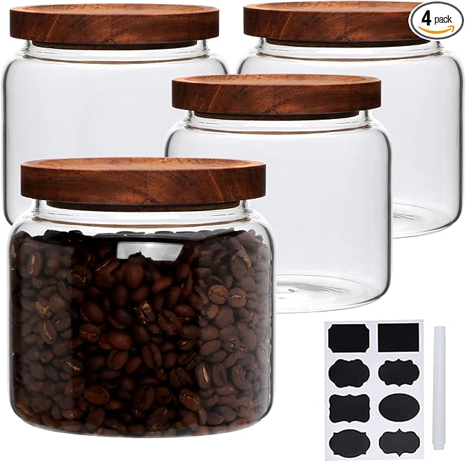 33oz 4pack Glass Food Storage jars with Wooden Lids,Glass Canisters | Glass Pantry Storage Containers Sets for Sugar,Tea,Coffee,Snack,Spice,Herbs,Cookie