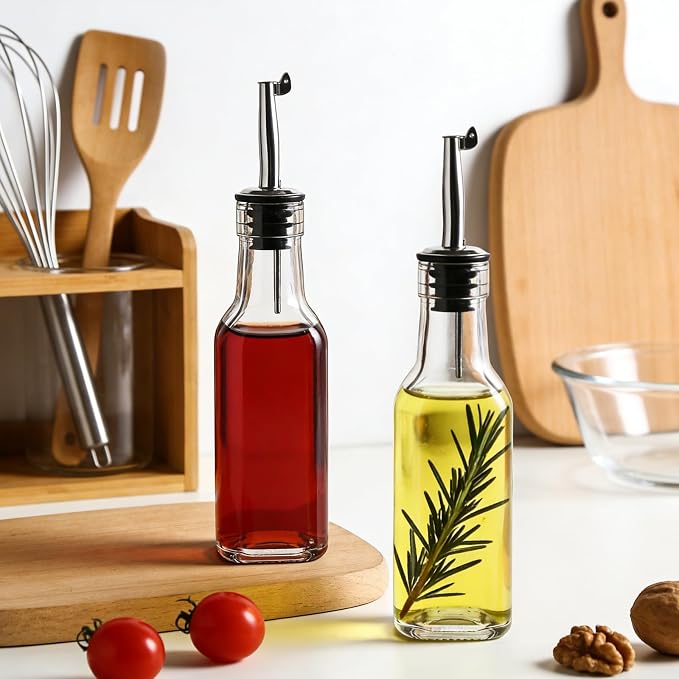 Salzesfalls 8 Pcs 6oz Olive Oil Dispenser Bottle, Oil Dispenser for Kitchen | Glass Cooking Oil Dispenser with Stainless Steel Pourer Spouts, Oil and Vinegar Dispenser Set with Pourers, Corks, Caps