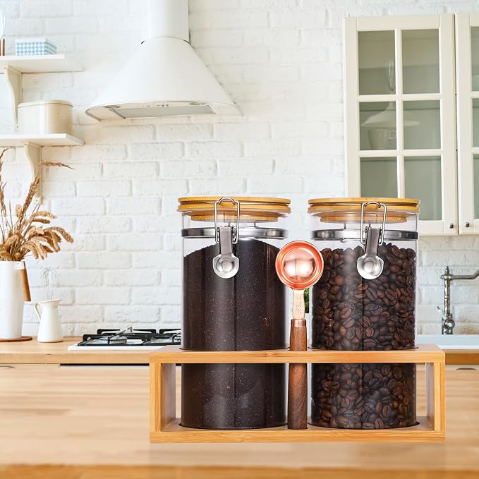 Glass Coffee Storage Container with Bamboo Shelf, 2PCS 49oz Airtight Sealed Coffee Bean Jar with Clamp Lid & Measuring Spoon, Kitchen Pantry Canister Set for Ground Coffee Sugar Tea Flour