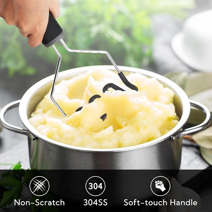 KITCHENDAO Non-Scratch Potato Masher, Heavy Duty 18/8 Stainless Steel Wrapped In Premium Silicone, Soft Touch Handle, Versatile Masher Hand Tool & Potato Smasher, Gift for Christmas-Black