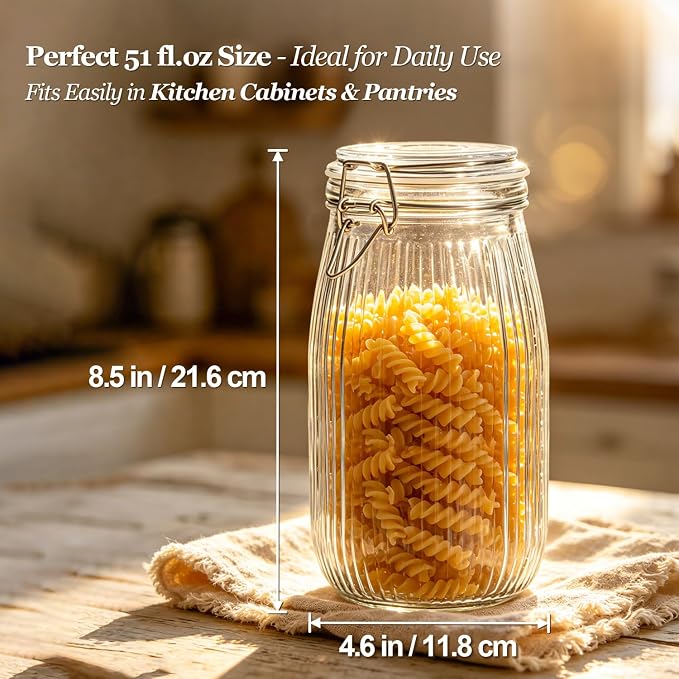 ComSaf Large Ribbed Glass Jars with Airtight Lids 51 oz 3 Pack Wide Mouth | Flour sugar coffee beans, Fermenting pickling, Farmhouse pantry decor, Countertop decor, Large capacity, Vintage Canisters