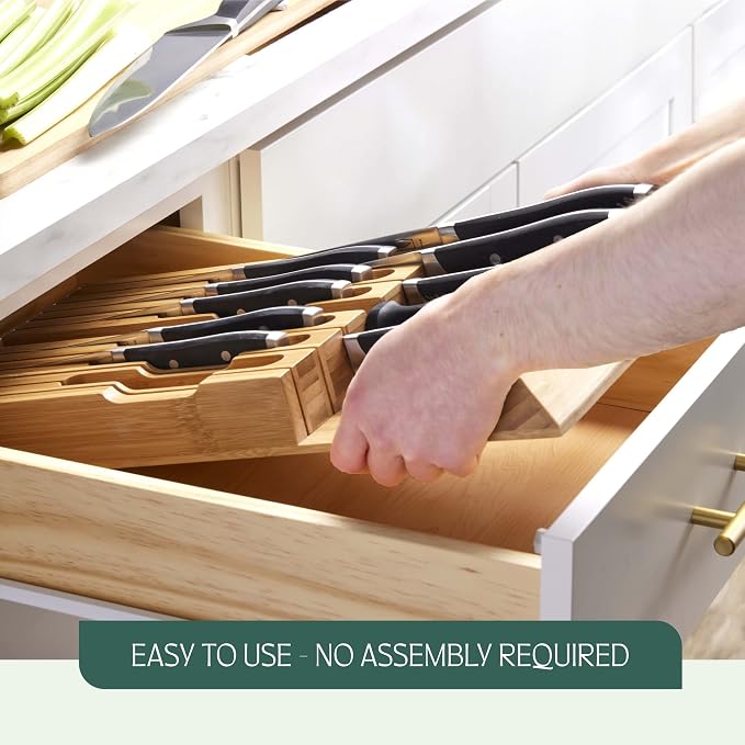 High-Grade 100% Bamboo Knife Drawer Organizer - 12 Slots Plus Sharpener, Secure, Practical, Eco-Friendly Knife Block